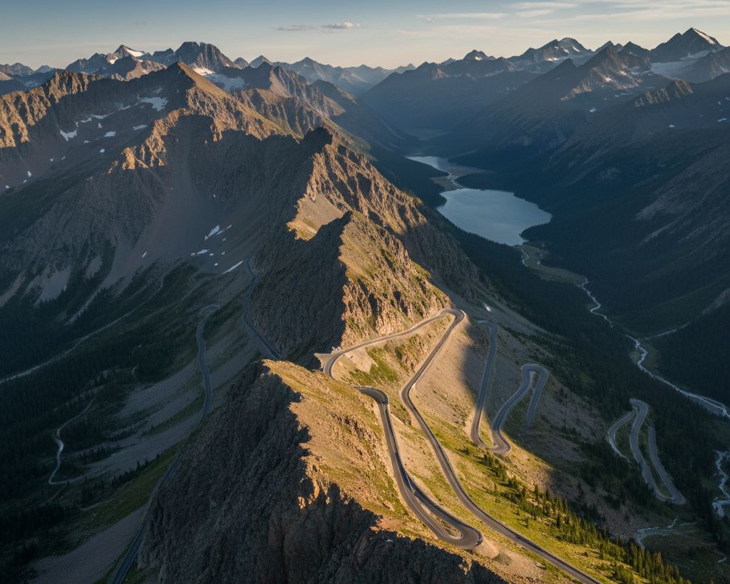 A mountain pass with the road switchbacking to a notch in the ridge