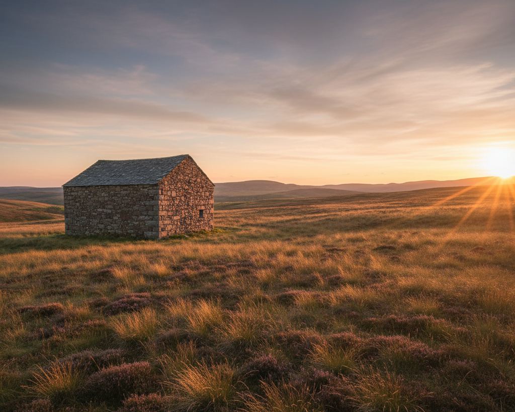 A stone barn on an empty upland with long evening light raking across its face