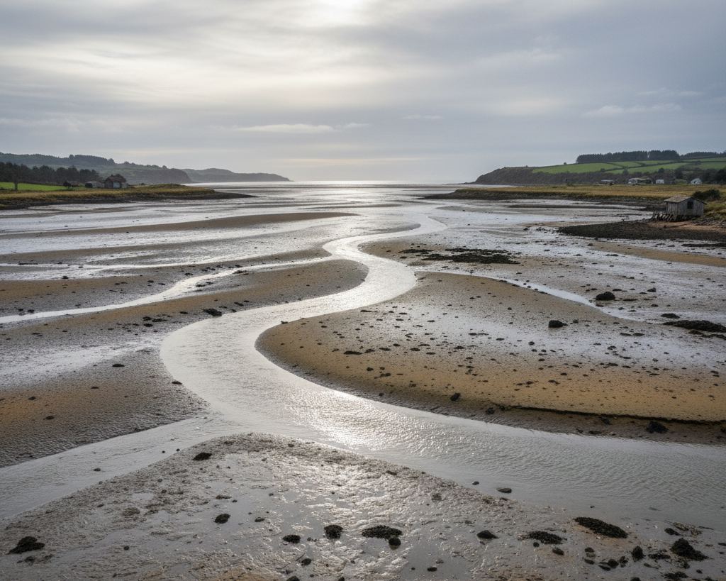 A wide estuary with channels branching across the flats at low water