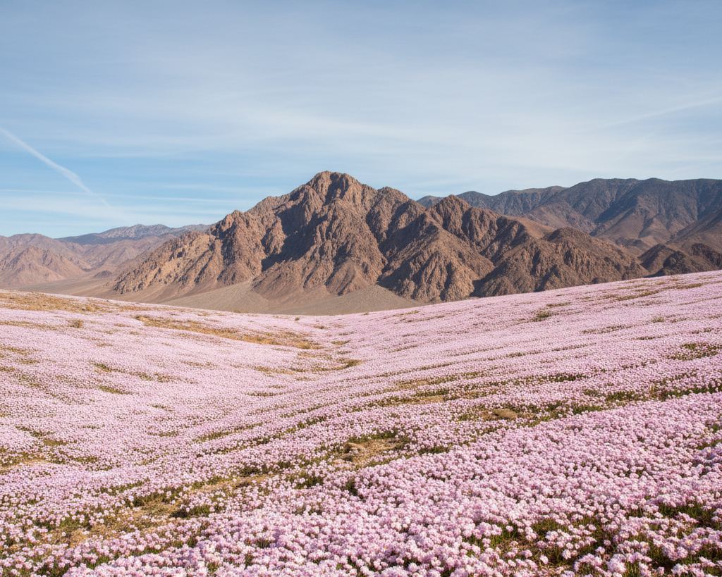 A desert hillside carpeted in pale pink and purple flowers running to bare brown mountains under a hard sky