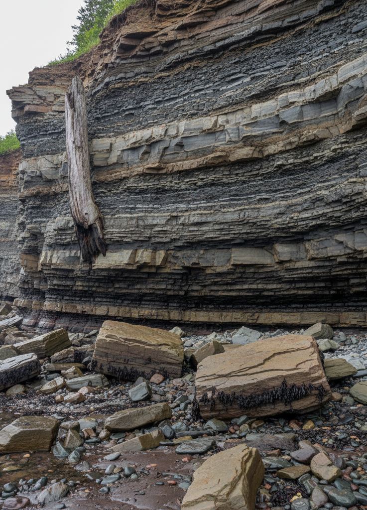Fossilised upright tree trunk standing in a layered coastal cliff above a beach