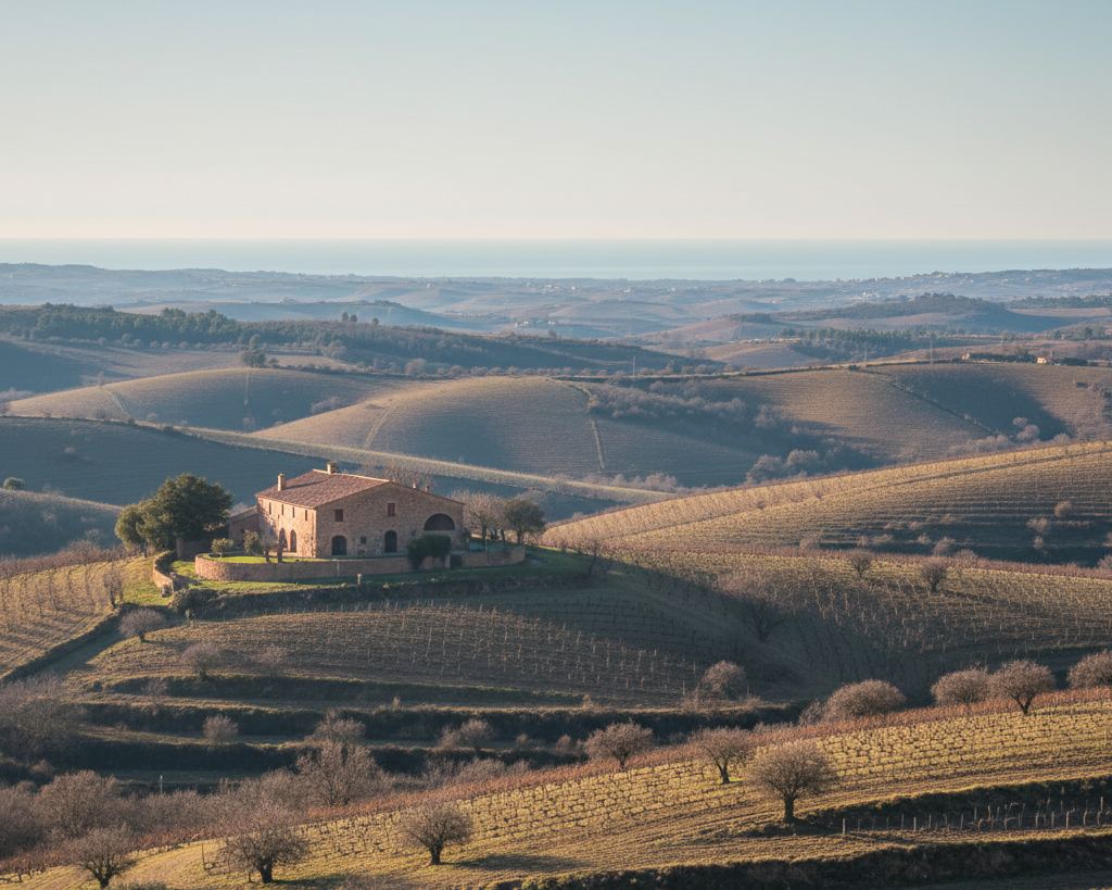 Low Catalan hills with vines and hazel, a stone masia farmhouse, winter light