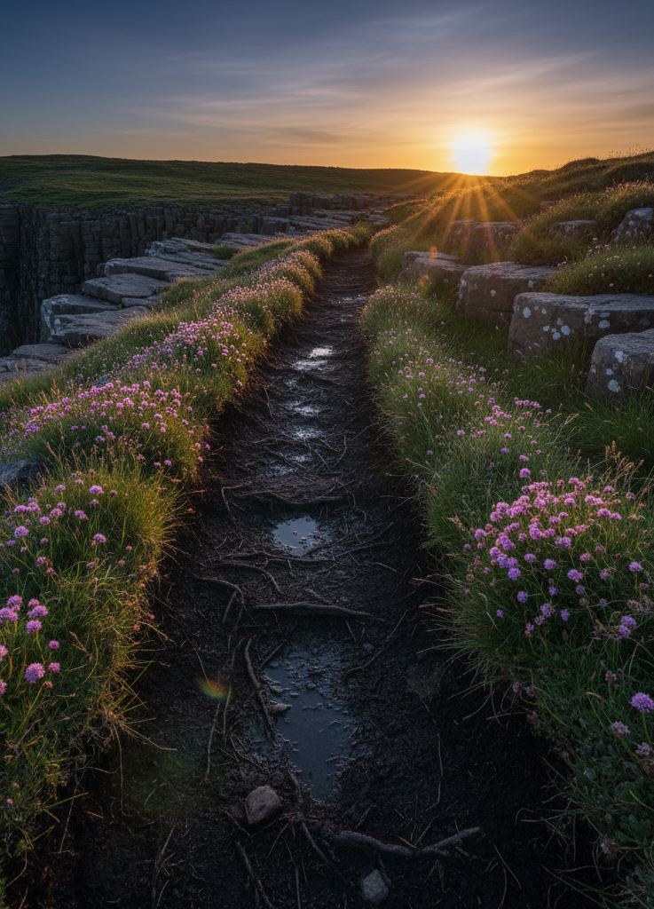 Peat path through wet tussock on a stepped basalt headland in low night sun