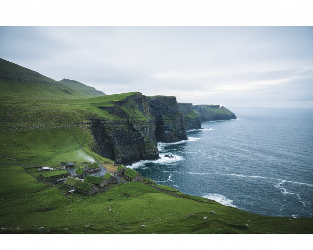 Green sea cliffs dropping into the North Atlantic under a pale midnight sky