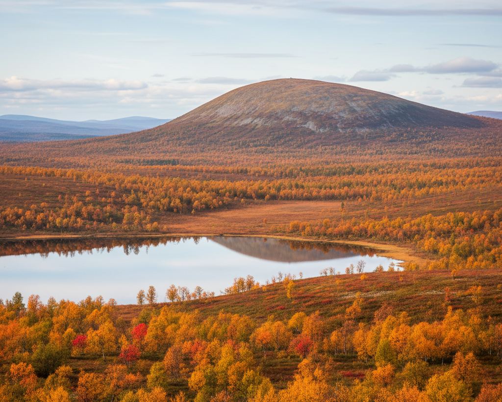 Lapland fell country in autumn colour, low birch and bilberry turning red and gold
