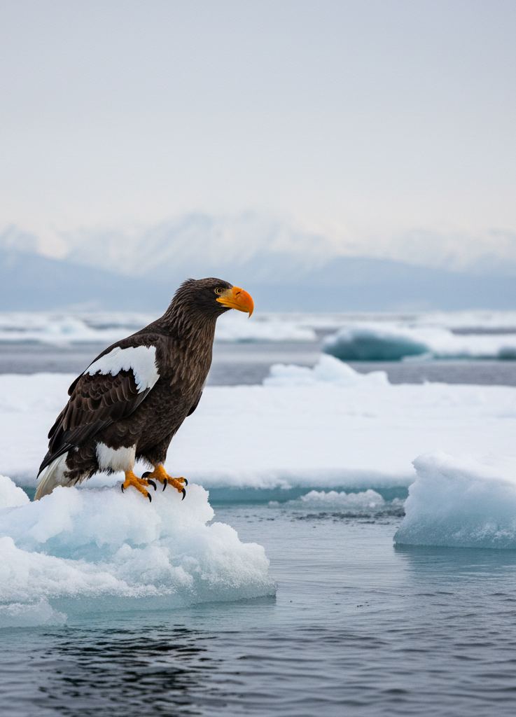 Large eagle with orange bill standing on a tilted ice floe above dark water.