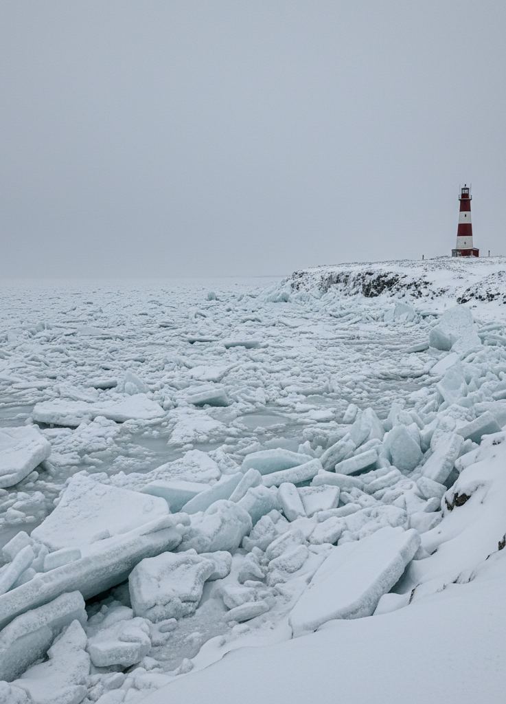 A frozen sea filled with broken floes pressed against a snowy coast, a lighthouse on the point