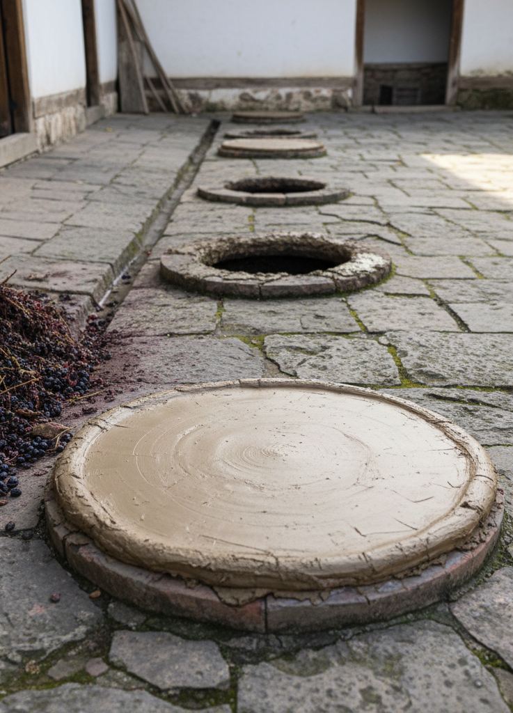 Clay wine vessel mouths sealed flush into the stone floor of a courtyard.