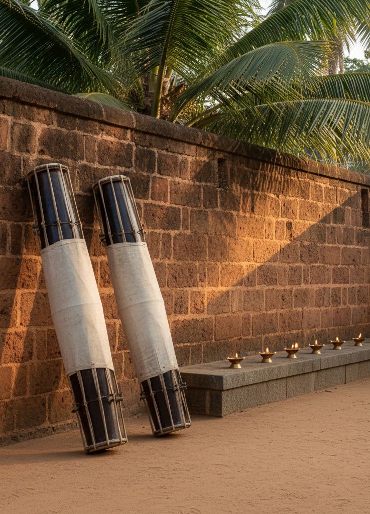 Two tall drums leaning against a red laterite wall in a swept yard.