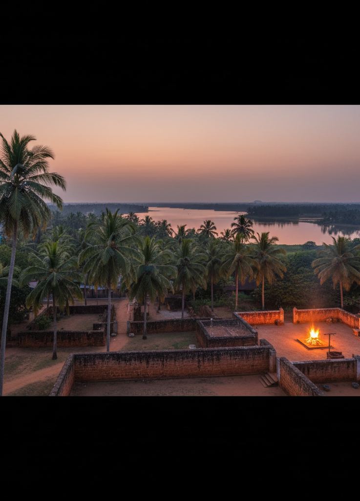 A north Kerala village at dusk, coconut palms and laterite walls