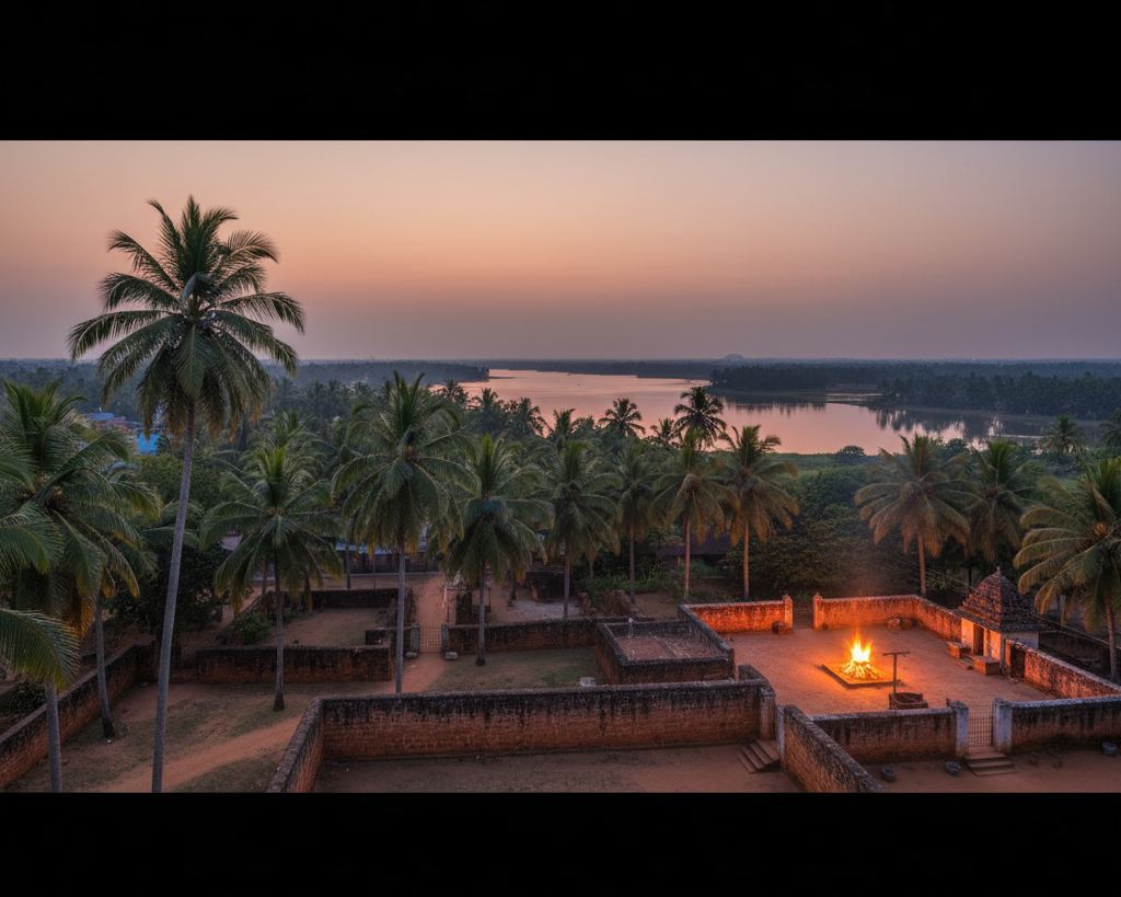 A north Kerala village at dusk, coconut palms and laterite walls