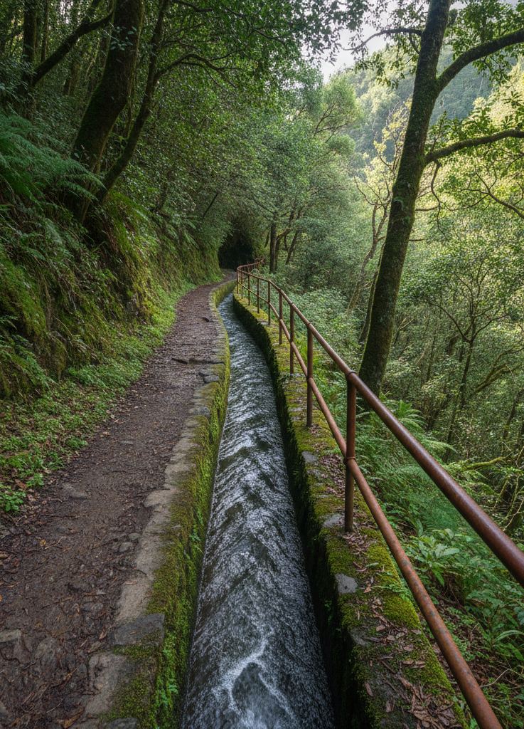 A narrow water channel and footpath cut along a steep forested slope.