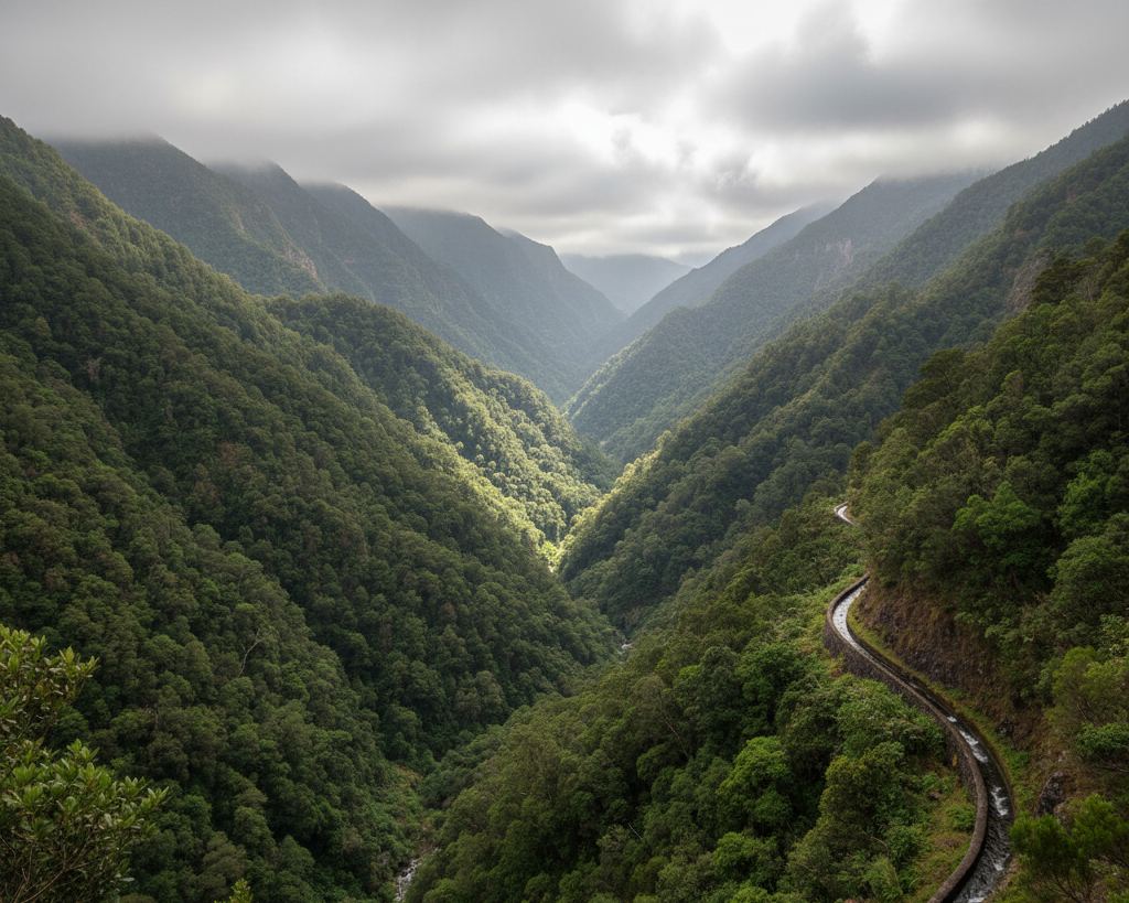 A steep green Madeiran valley with laurel forest, a narrow water channel cut into the slope