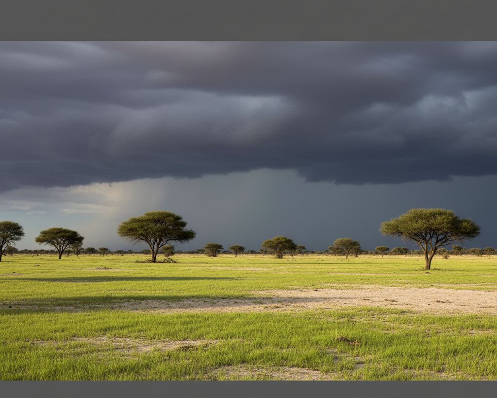 Open Namibian grassland after first rain, fresh green over pale sand, flat-topped acacia
