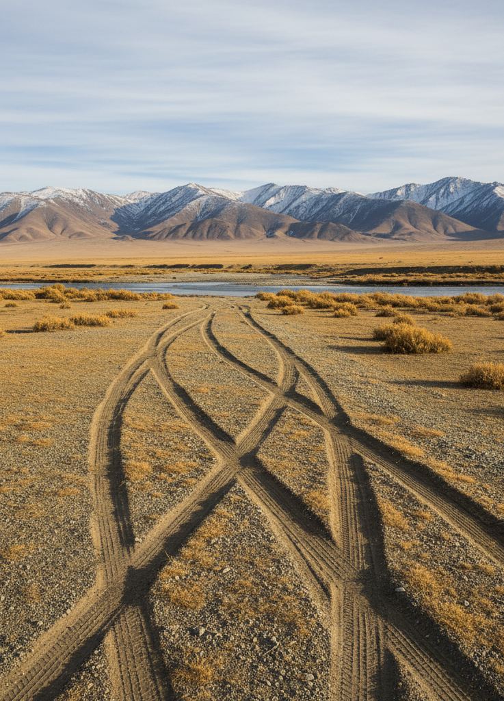 Braided vehicle ruts crossing gravel steppe toward a shallow ford below snow dusted ridges