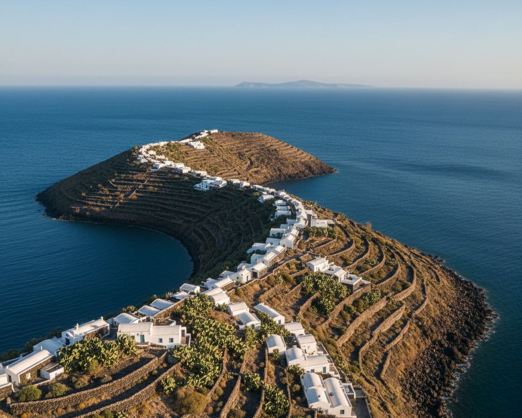 A black volcanic island with terraced stone walls and low domed houses, prickly pear