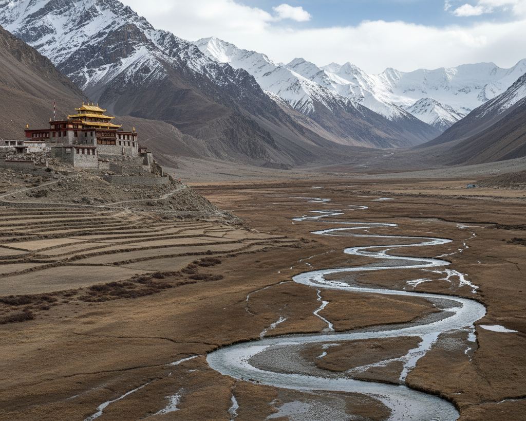 A wide flat glacial valley in the Himalaya, brown winter grass and a meandering stream