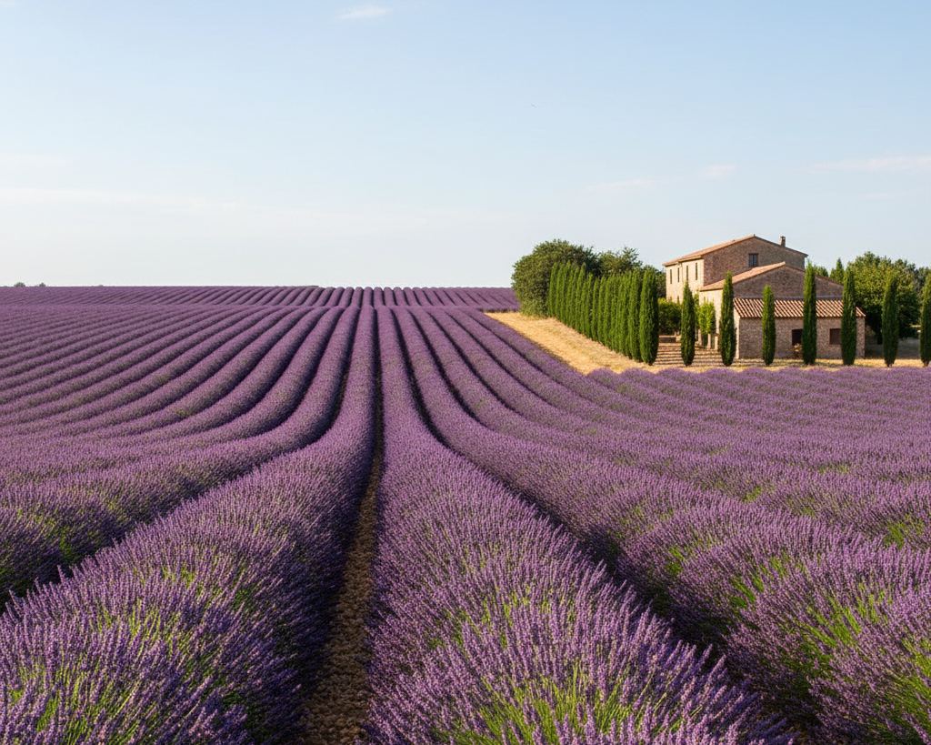 A high plateau of lavender rows in full purple running to a stone farmhouse and a line of cypress