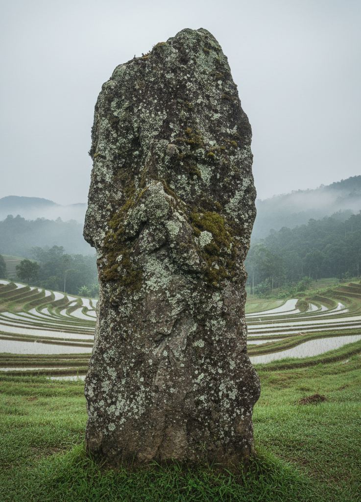 A mossy standing stone slab in grass above terraced flooded rice paddies