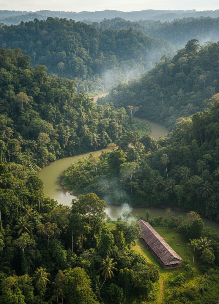 Dense Borneo rainforest on steep hills with a river below and a longhouse roof visible in a clearing