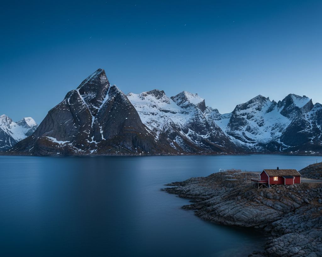 Jagged Arctic granite peaks above a dark fjord in deep blue twilight, snow on the summits