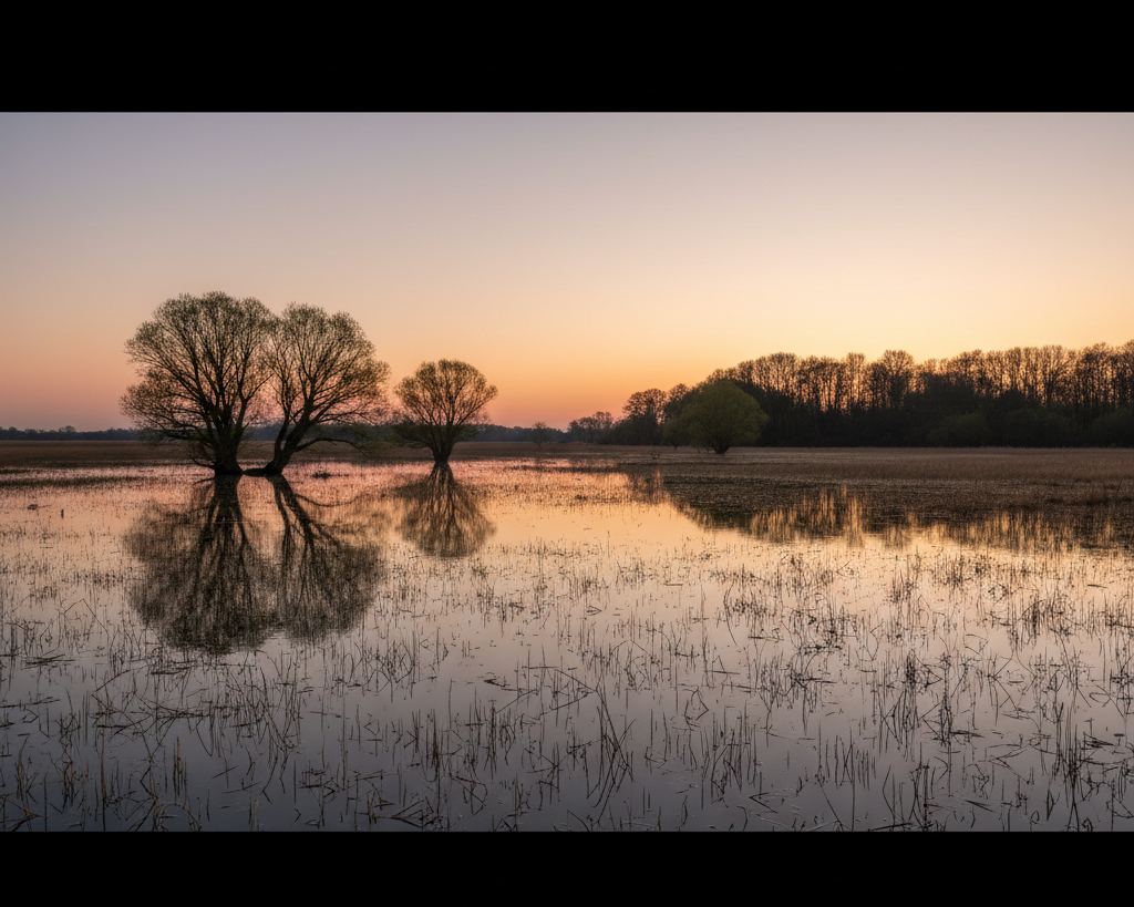 Flooded reed beds on a flat English wetland at dusk, water reflecting a pale orange sky