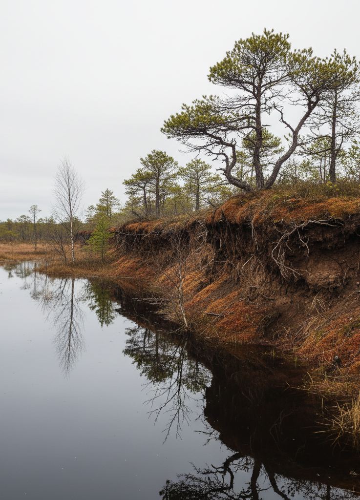 Steep mossy bog edge with stunted pines rising above standing floodwater under grey sky