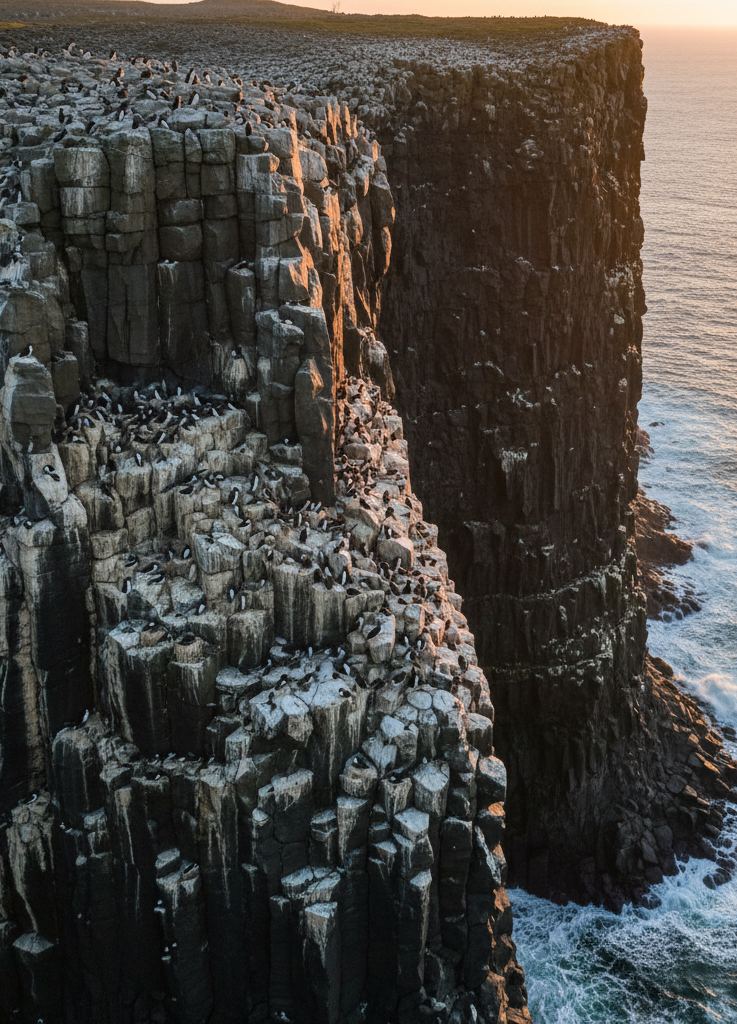 Sheer layered sea cliff with crowded seabird ledges dropping to white surf below