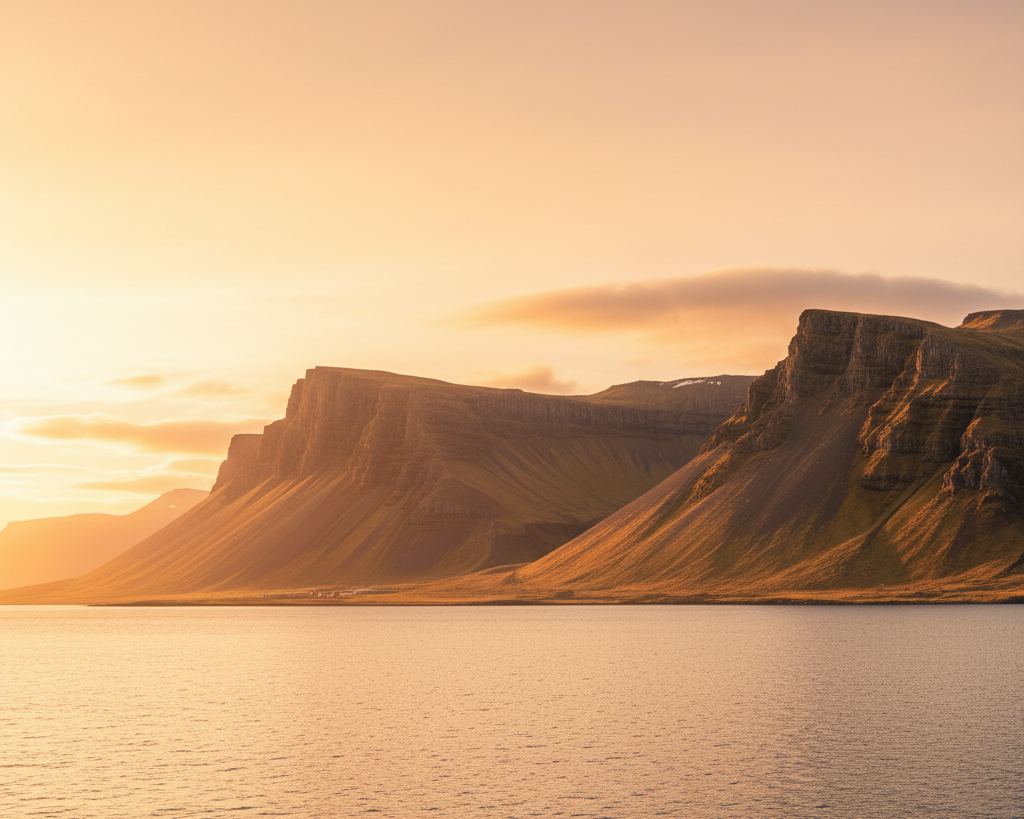A broad Icelandic fjord with flat-topped basalt mountains, low golden sun skimming the water